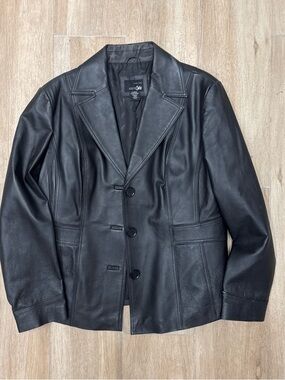 East 5th Black Leather Button-Front Pea Coat